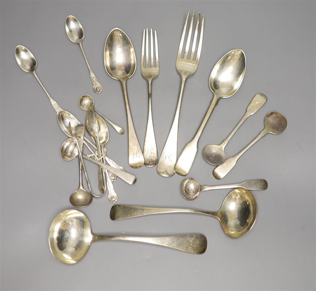 A set of six silver coffee spoons and sundry silver flatware including a George IV sauce ladle, 14.5 oz.